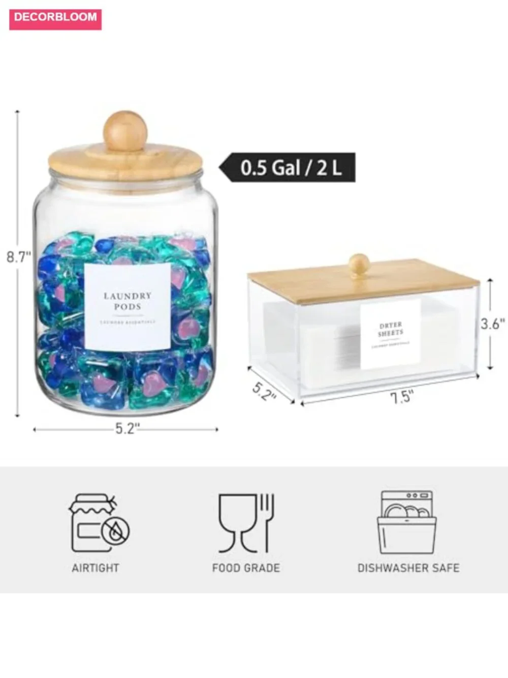 Glass Jars & Dryer Sheet Holder with Bamboo Lids, Laundry Room Storage Set